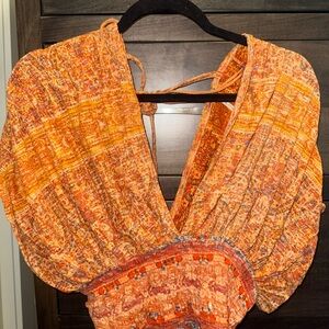 Free People Orange and Red Patterned Blouse